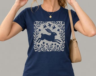 Women's Forest Hare Graphic Tee | Linocut Style Rabbit Shirt