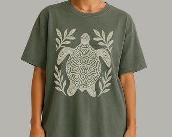 Sea Turtle Folk Art Tee | Linocut Style Coastal Graphic Shirt