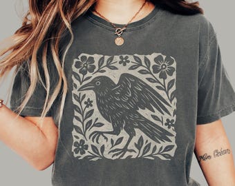 Gothic Raven Graphic Tee | Linocut Style Dark Academia | Witchy Crow Shirt