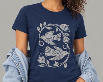 Women's Botanical Birds Tee | Cottagecore Linocut Style Graphic Tee