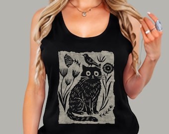 Floral Cat and Bird Racerback Tank