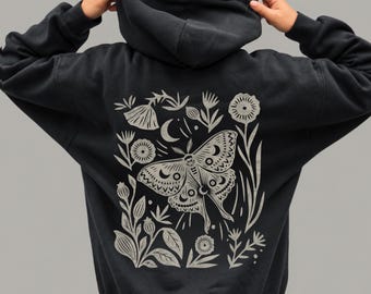 Folk Art Luna Moth Hoodie | Celestial Midnight Butterfly Sweatshirt