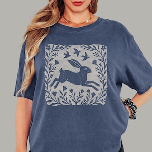 Forestcore Hare Graphic Tee | Linocut Style Rabbit Shirt