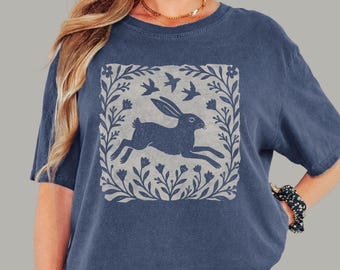 Forestcore Hare Graphic Tee | Linocut Style Rabbit Shirt