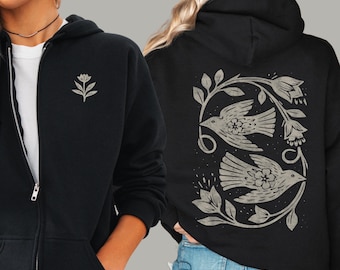 Botanical Birds Zip Up Hoodie | Cottagecore Linocut Style Floral Sweatshirt