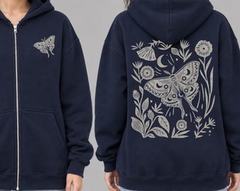 Folk Art Luna Moth Zip Up Hoodie | Celestial Midnight Butterfly Sweatshirt