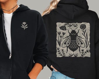 Floral Folk Art Bee Zip Up Hoodie | Cottagecore Botanical Honey-Bee Graphic Sweatshirt