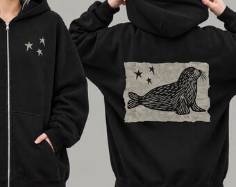 Harbor Seal Zip Up Hoodie | Linocut Style Comfort Colors Sweatshirt