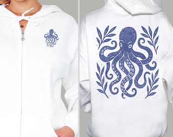 Octopus Zip Up Hoodie | Sea Life Linocut Style Graphic | Coastal Sweatshirt