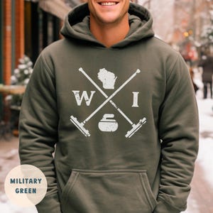 Wisconsin Crossed Curling Brooms Hooded Sweatshirt, Curling Sweatshirt, Wisconsin Curling, Curling Club Shirt, Curling Hoodie