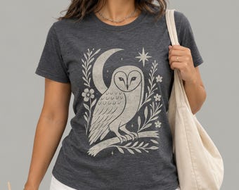 Women's Owl & Moon Linocut Style Shirt | Dark Academia | Witchy Tee