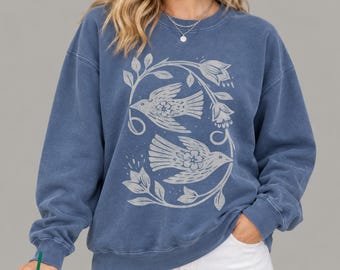 Botanical Birds Comfort Colors Lightweight Crewneck Sweatshirt