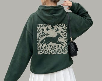Woodland Fox Folkart Hooded Sweatshirt | Linocut Style Graphic Hoodie