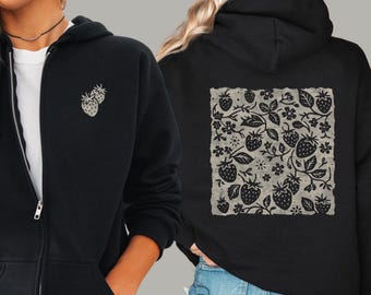 Strawberry Folk Art Zip Up Hoodie | Cottagecore Berry Sweatshirt