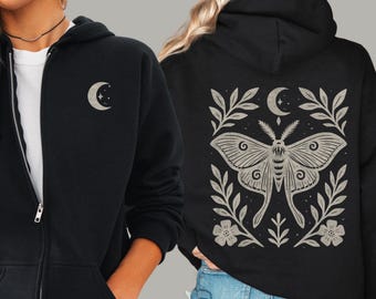 Luna Moth Zip-Up Hoodie | Linocut Style Cottagecore Sweatshirt