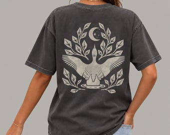 Leaping Loon & Moon Back Print Tee | Folk Art Graphic Design Shirt