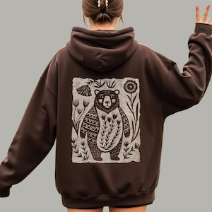 Floral Forest Bear Hoodie | Folk Art Bear Graphic Sweatshirt