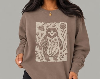 Floral Forest Bear Comfort Colors Lightweight Crewneck Sweatshirt