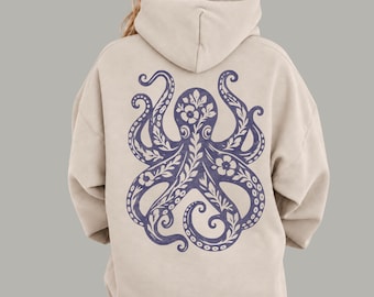 Floral Octopus Hoodie | Sea Life Linocut Style Graphic | Coastal Sweatshirt