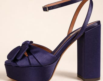 Tabitha Simmons Purple Silk Satin Platform Heels Bow Detail Italy EU 38.5