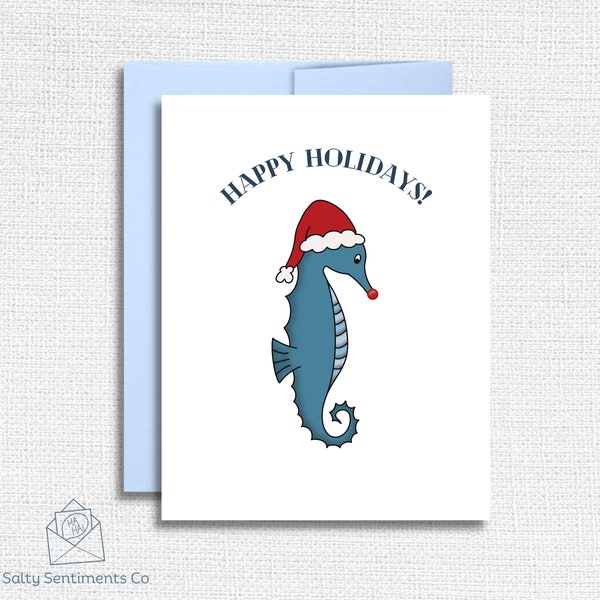 Happy Holidays Seahorse | Christmas Card | Holiday | Christmas Lights | Santa Hat | Greeting | Island