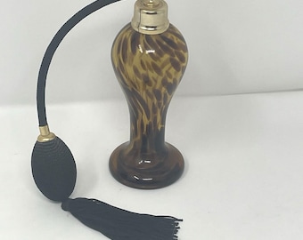 Vintage Tortoise Shell Art Glass Perfume Bottle Atomizer Amber Brown Tassel 7"