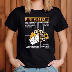 May include: Black t-shirt with the text "ENGINEER'S BRAIN" and a diagram of a brain with gears. The diagram includes labels such as "Problem Solving Function" and "Sarcasm Cortex".