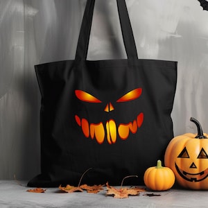 Spooky Pumpkin Face Tote Bag, Custom Halloween Trick or Treat Bag, Reusable Fall Shopper, Eco Canvas Tote