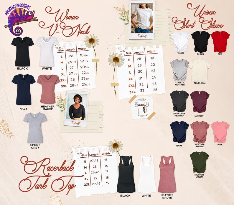 The image is a collage of various women's t-shirt designs, including different styles and colors, along with their corresponding sizes and descriptions.