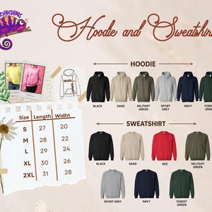 The image is a collage of various clothing items, including hoodies and sweatshirts, along with size and color information.