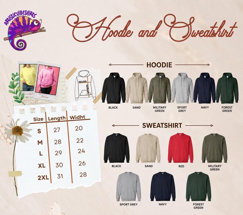 The image is a collage of various clothing items, including hoodies and sweatshirts, along with size and color information.