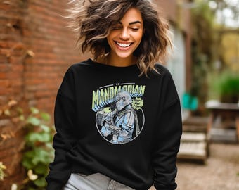 The Mandalorian Sweatshirt, Retro Star Wars Hoodie, Mandalorian Grogu Sweatshirt, Gift for Mandalorian Lover, Galaxy's Edge Trip Gift
