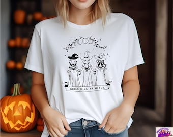 Girls Will Be Girls Witch Shirt, Retro Aesthetic Three Witches Illustration Tee, Feminist Halloween Shirt,  Witch Squad Sweatshirt