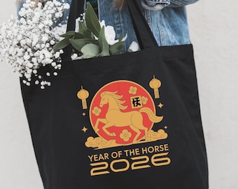 Year of the Horse Tote Bag, Lunar New Year Horse Design, Chinese Zodiac Animal Reusable Canvas Bag, Lucky 2026 Gift Tote