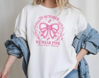 Pink Ghost Breast Cancer Awareness Shirt, In October We Wear Pink Halloween Tee, Cute Pink Ribbon T-Shirt, Breast Cancer Support Shirt