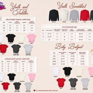 The image is a collage of various youth and toddler clothing items, including short sleeves and sweatshirts, along with their corresponding sizes and descriptions.