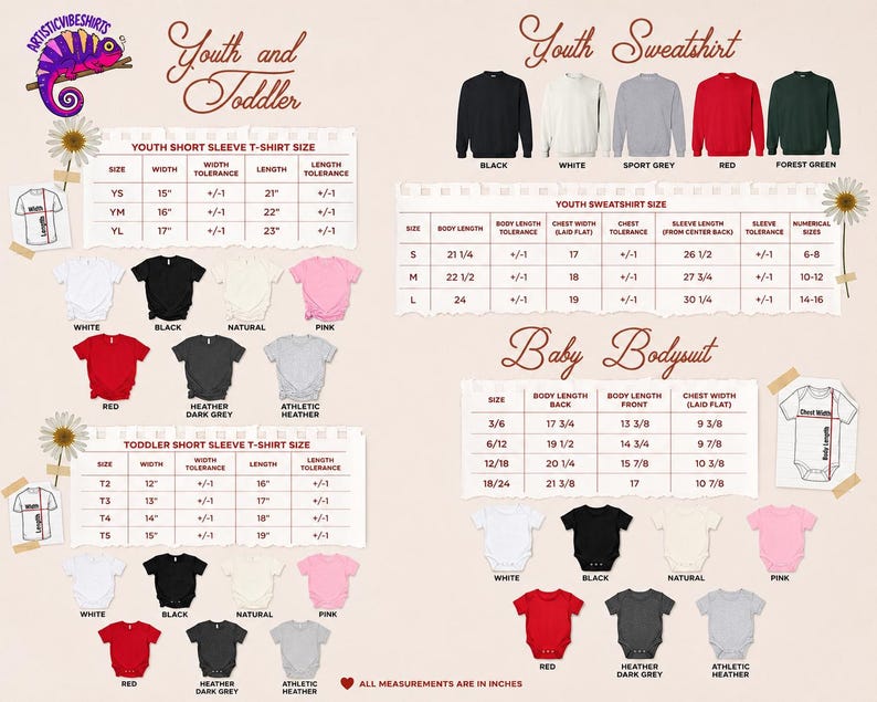 The image is a collage of various youth and toddler clothing items, including short sleeves and sweatshirts, along with their corresponding sizes and descriptions.