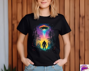 UFO and Bigfoot T-Shirt, Alien & Sasquatch Encounter Tee, Retro Cryptid Shirt, Funny UFO Sasquatch Tee