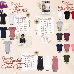 The image is a collage of various women's t-shirt designs, including different styles and colors, along with their corresponding sizes and descriptions.
