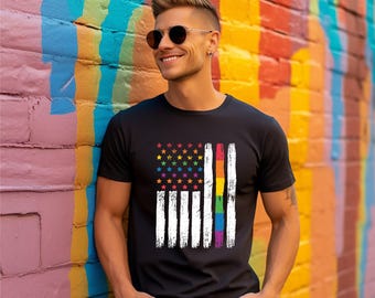 Gay Pride Rainbow American Flag Men's Shirt, LGBT Support Gift Tees, Unisex Pride Flag Tshirt, Rainbow Flag T-Shirt, Pride Ally Shirt Gift