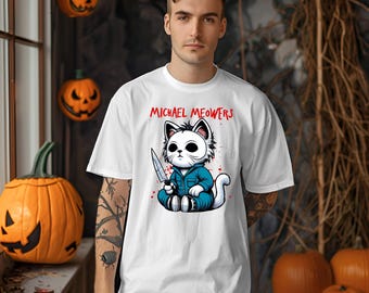 Funny Scary Cat Graphic Tee, Michael Meowers Halloween T-Shirt, Horror Movie Parody Shirt for Cat Lovers, Halloween Cat Sweatshirt