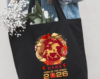 Year of the Horse Tote Bag, Lunar New Year Tote, Chinese Zodiac Horse Bag, Horse Graphic Canvas Tote, Zodiac Gift Bag
