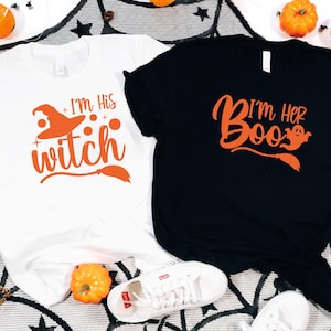 I’m Her Boo & I’m His Witch Matching Shirts, Cute Couples Halloween T-Shirt Set, Horror Couple Tee, Halloween Family Shirt