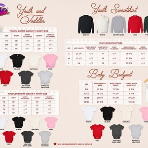 The image is a collage of various youth and toddler clothing items, including short sleeves and sweatshirts, along with their corresponding sizes and descriptions.