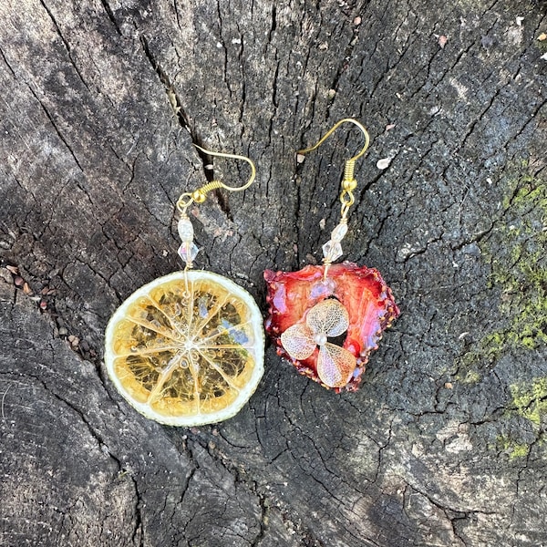 Slice of Lemon and Strawberry Dangle Earrings, Dried Fruit Dangle Earrings, Yummy Looking Slice, Great Gift