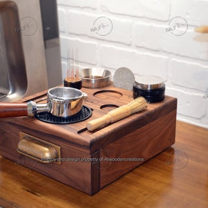 Espresso Knock Box Drawer, Real Walnut or Cedar, Barista Tamping Station, Portafilter Tamper Puck Espresso Accessories Organizer