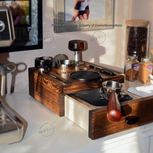 Espresso Knock Box Drawer, Barista Tamping Station, Portafilter Tamper Puck Espresso Accessories Organizer