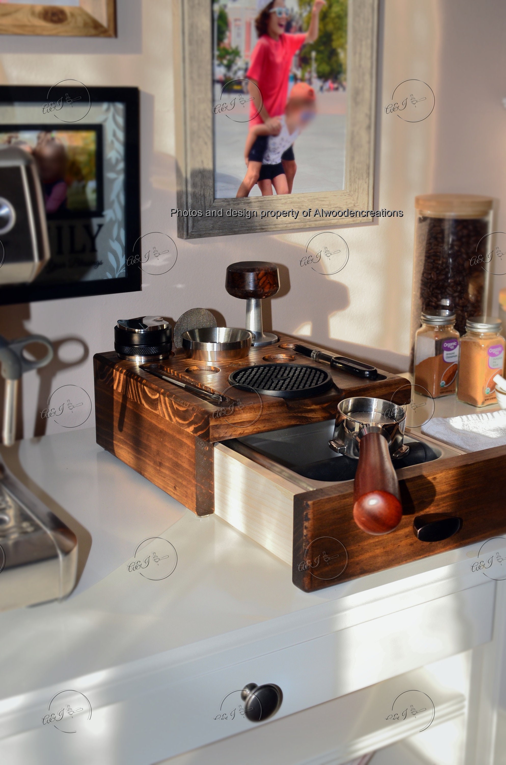 Espresso Knock Box Drawer, Barista Tamping Station, Portafilter Tamper Puck Espresso Accessories Organizer