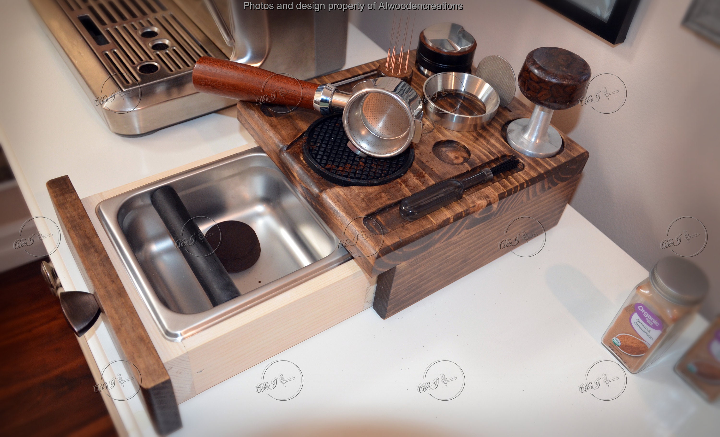 JCM Coffee Knock Box In Noce - Organizzatore 4 In 1 Con Portafiltro E Pressino, Accessori Espresso
