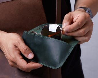 Green Leather Glasses Case - Handmade Eyeglass Sleeve for Him, Chrismtas Gift, Fast USA Shipping